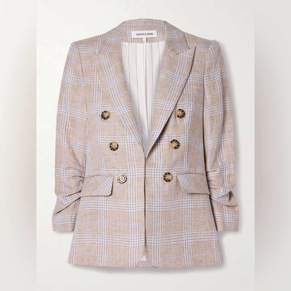 Veronica Beard Beige Plaid Double-Breasted Blazer
